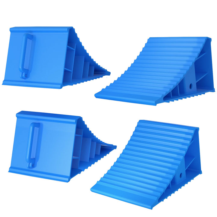 LEIDGG front view of four bright chocks showing durable construction and visibility
