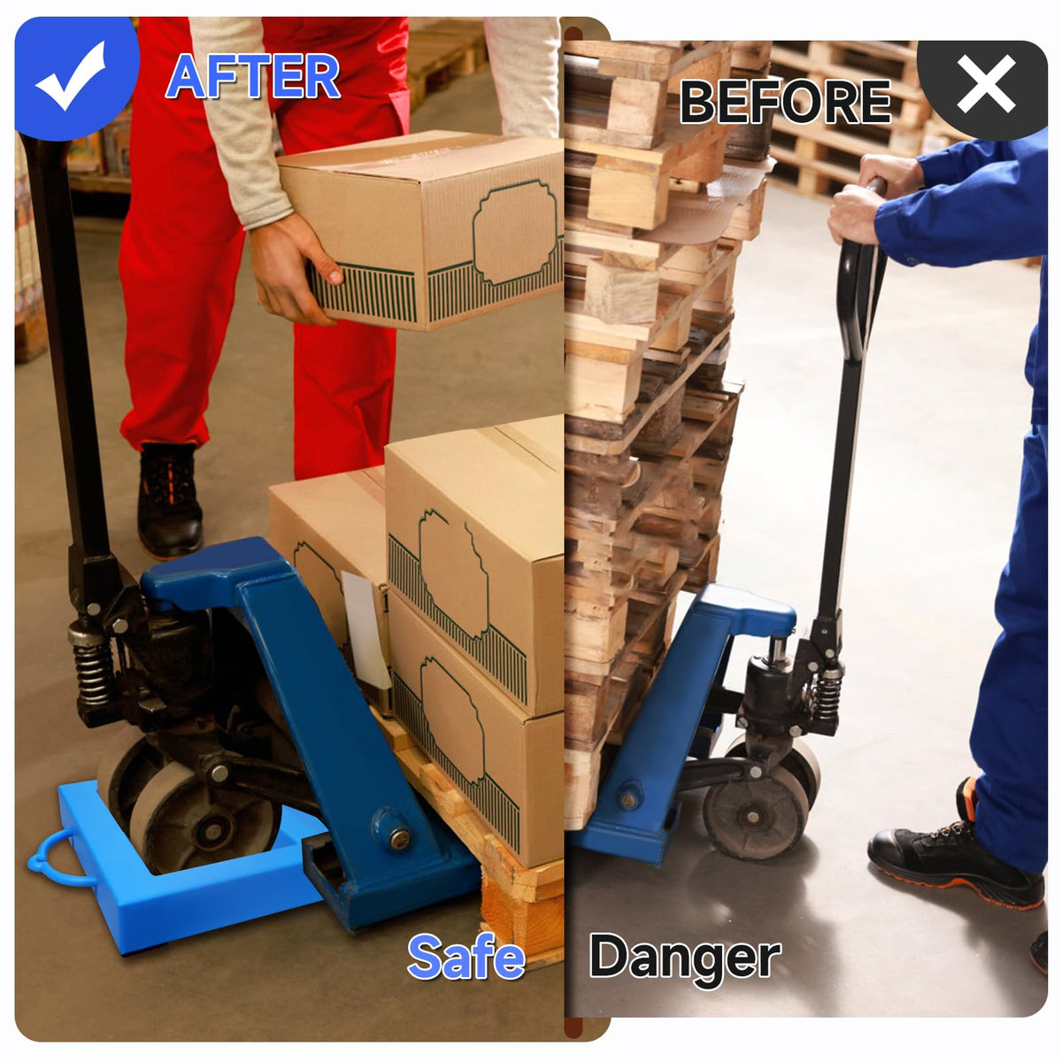 LEIDGG chock in use under pallet jack wheel on concrete preventing roll