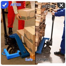 LEIDGG chock in use under pallet jack wheel on concrete preventing roll
