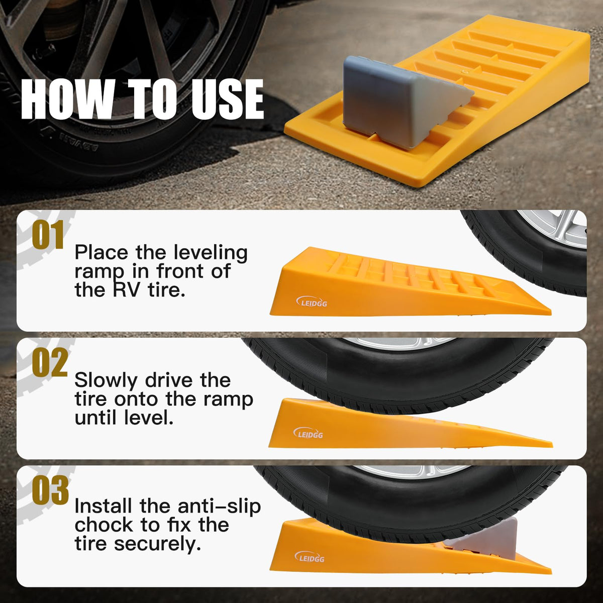 LEIDGG in use under RV tire demonstrating secure leveling support