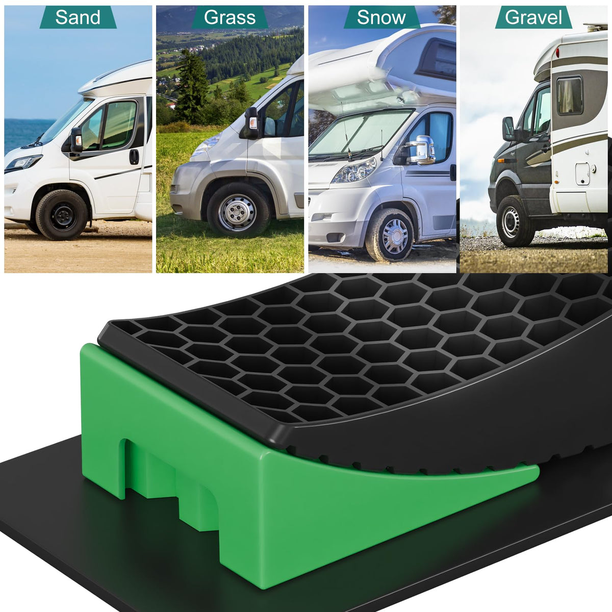 LEIDGG leveling blocks next to RV tire demonstrating size and scale