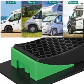LEIDGG leveling blocks next to RV tire demonstrating size and scale