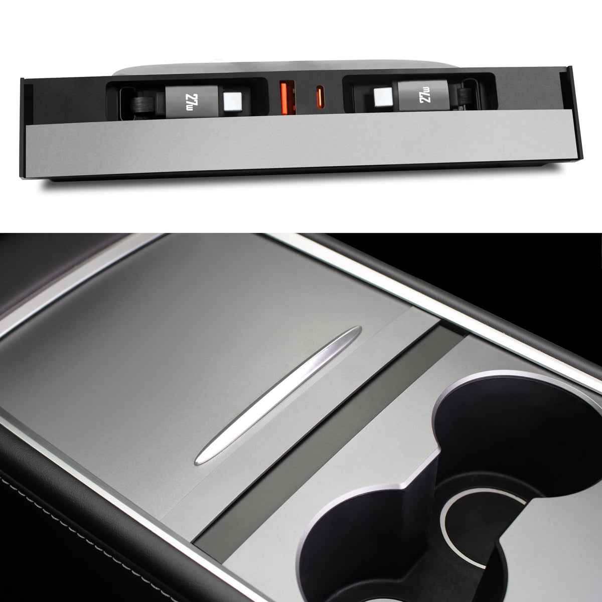 Leikaendi front panel installed in Tesla console, clean integrated look