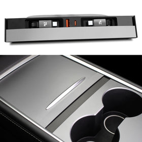 Leikaendi front panel installed in Tesla console, clean integrated look