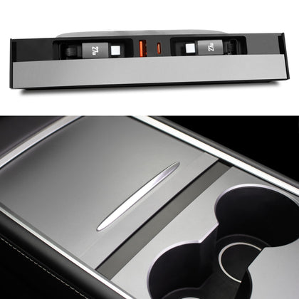 Leikaendi front panel installed in Tesla console, clean integrated look