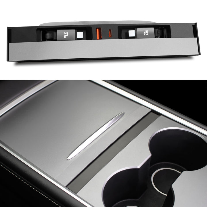 Leikaendi front panel installed in Tesla console, clean integrated look
