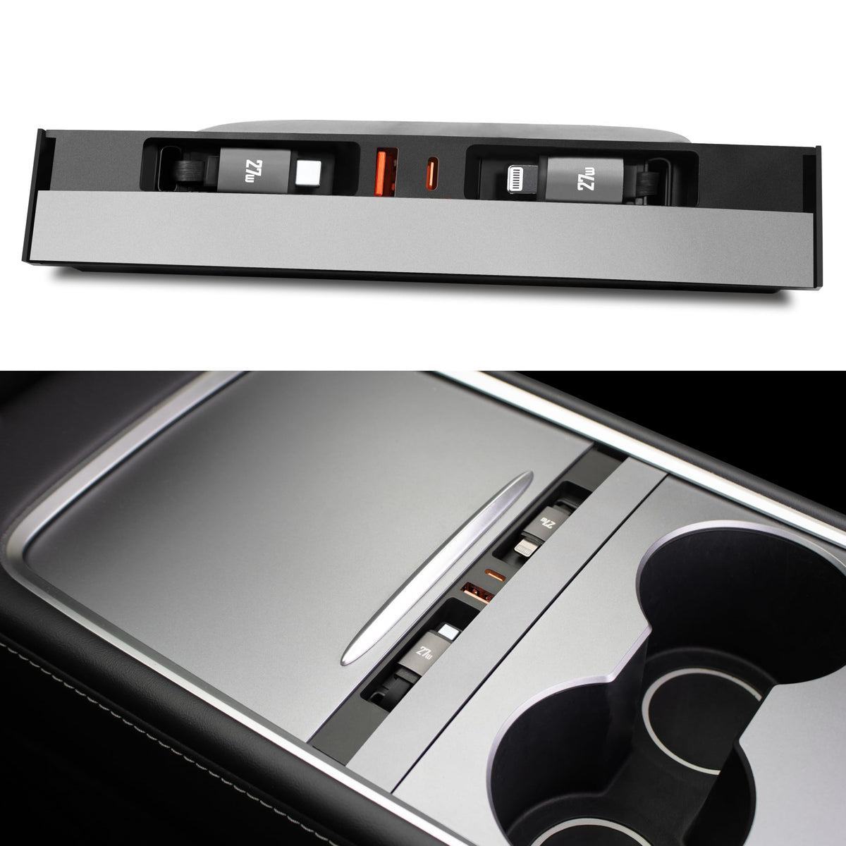 Leikaendi front view installed in Tesla centre console, organized charging