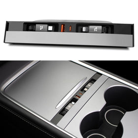 Leikaendi front view installed in Tesla centre console, organized charging
