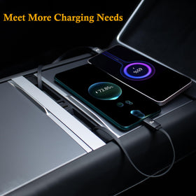 Leikaendi in‑car installed overview demonstrating seamless fit in Tesla center console