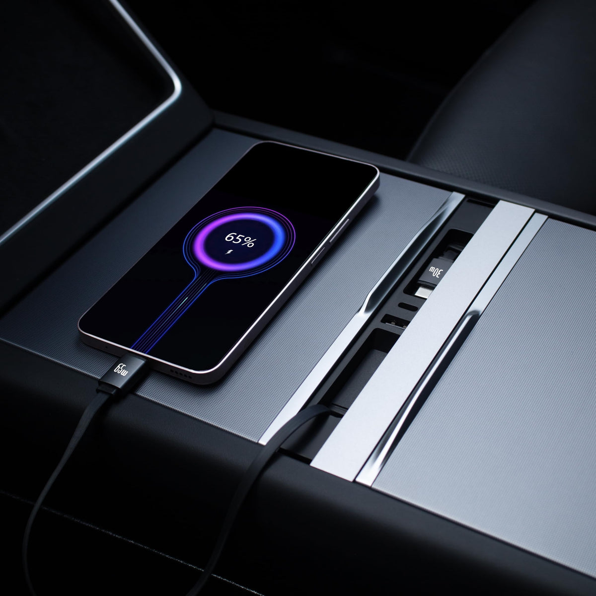 Leikaendi lifestyle driving scene illustrating convenient charging for devices on the road