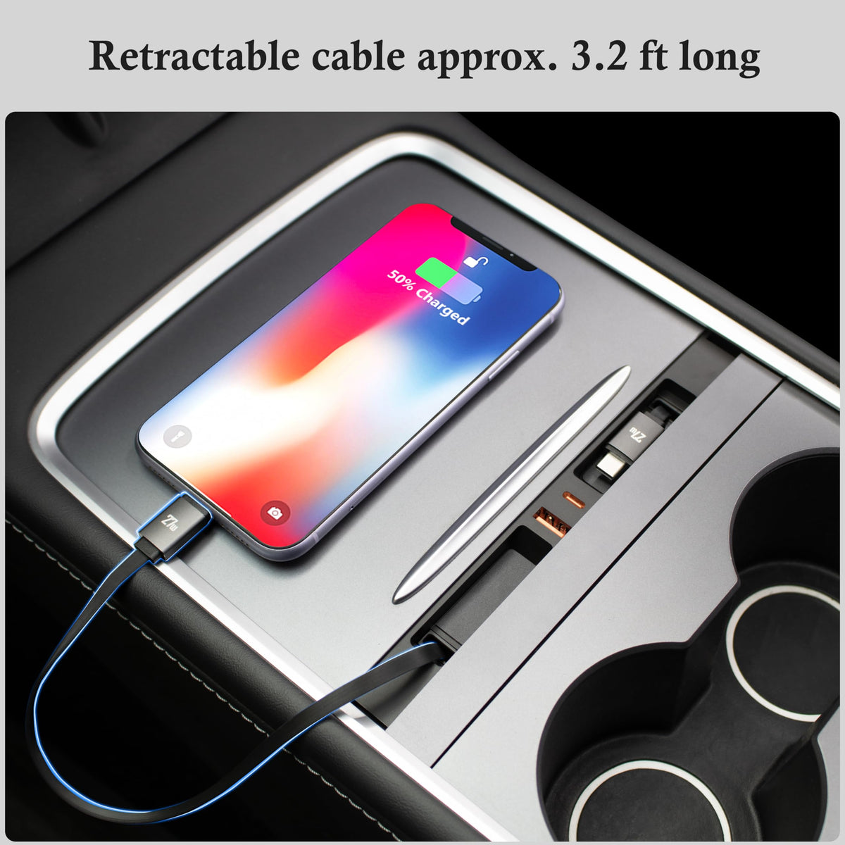 Leikaendi hub in Tesla while driving, keeps cables tidy and accessible