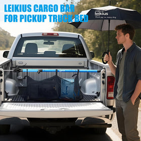 Leikius extended bar across truck bed demonstrating secure cargo stopping benefit