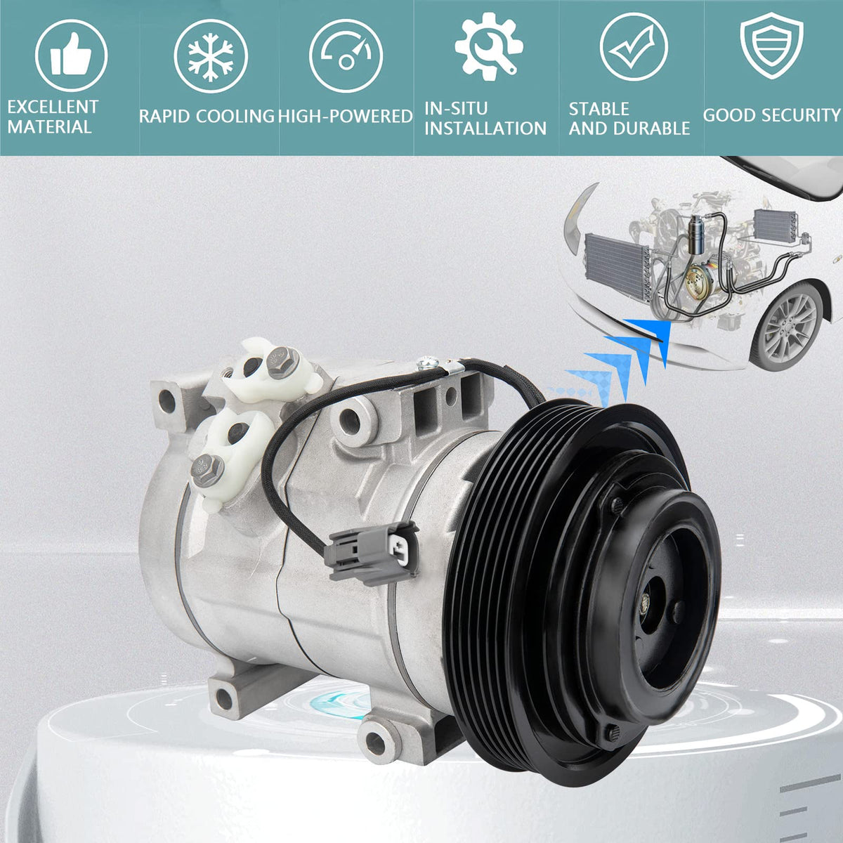 LEIMO KPARTS compressor beside ruler showing compact size and accurate fit