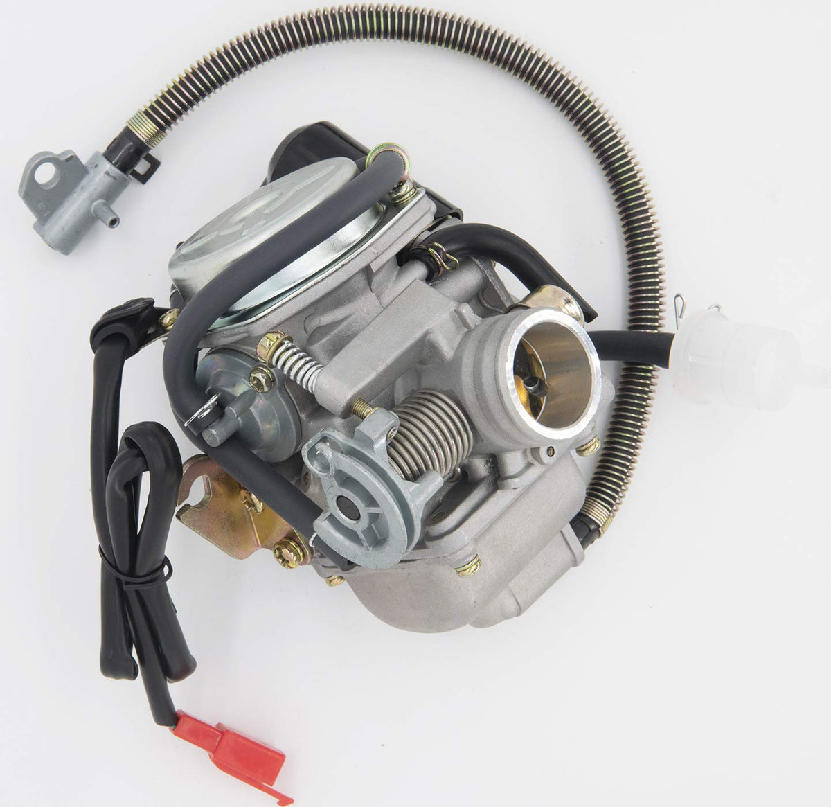 LEIMO KPARTS carburetor mounted on GY6 scooter engine for straightforward replacement