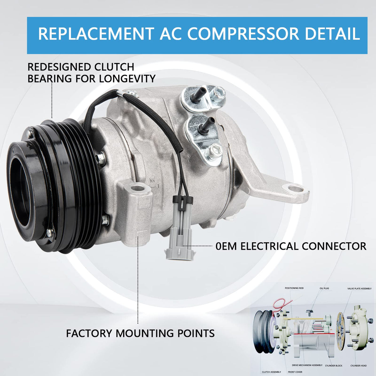 LEIMO KPARTS compressor side profile demonstrating compact OEM-sized housing