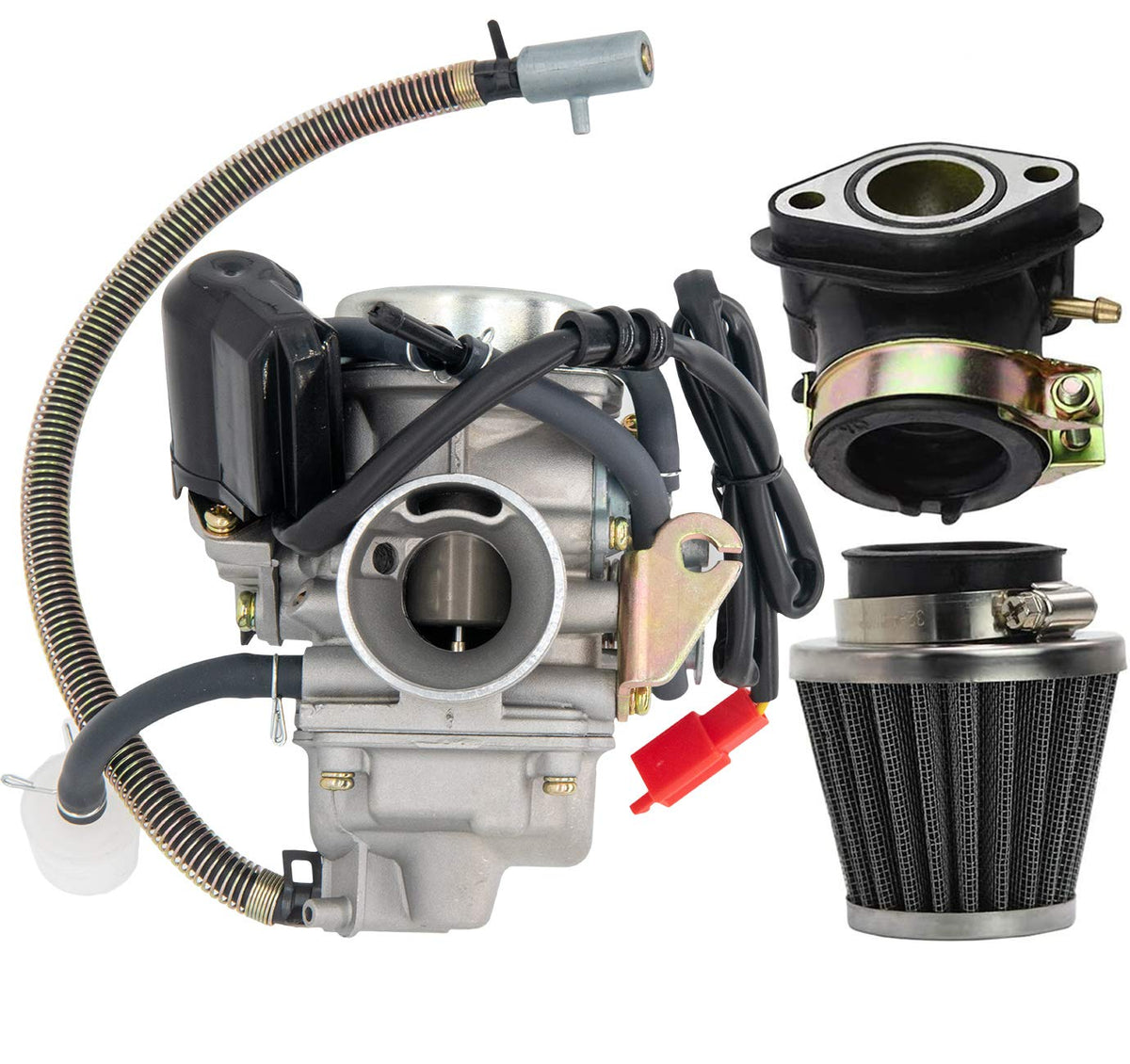 LEIMO KPARTS front view of 150cc carburetor showing mounting — ensures correct fit