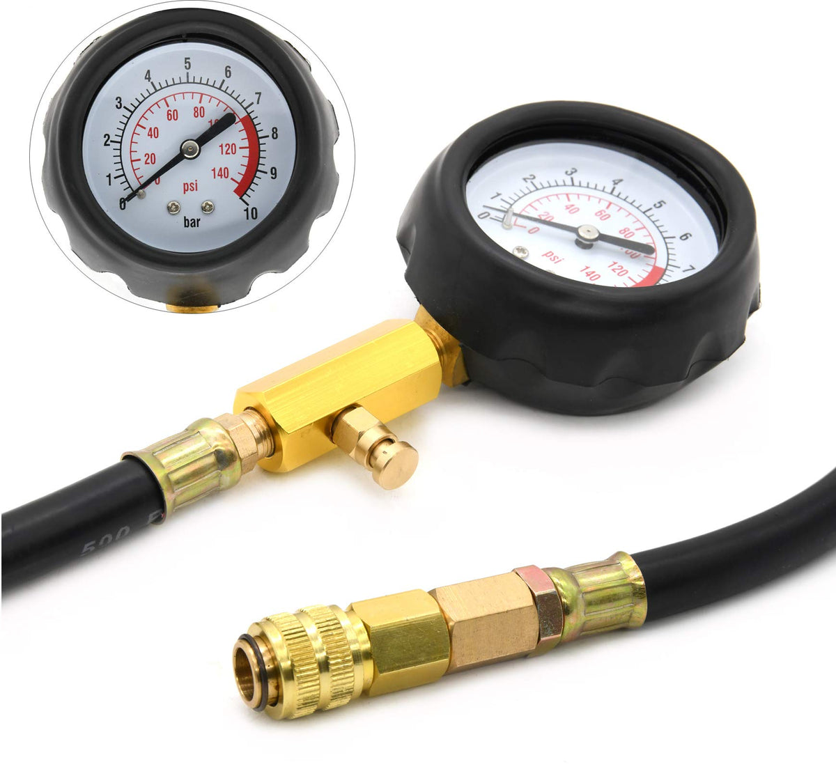 LEIMO KPARTS reinforced hose and brass quick coupler detail for durable leak-free tests