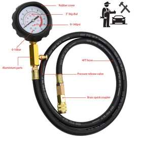 LEIMO KPARTS tester installed on an engine port demonstrating quick pressure measurement