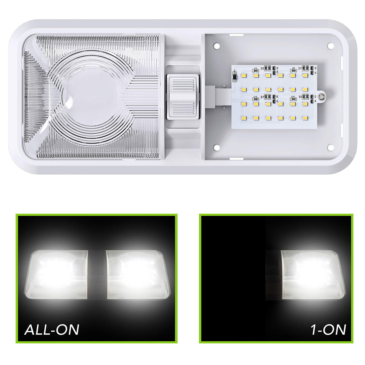 Leisure LED two fixtures installed in a camper demonstrating layered overhead lighting