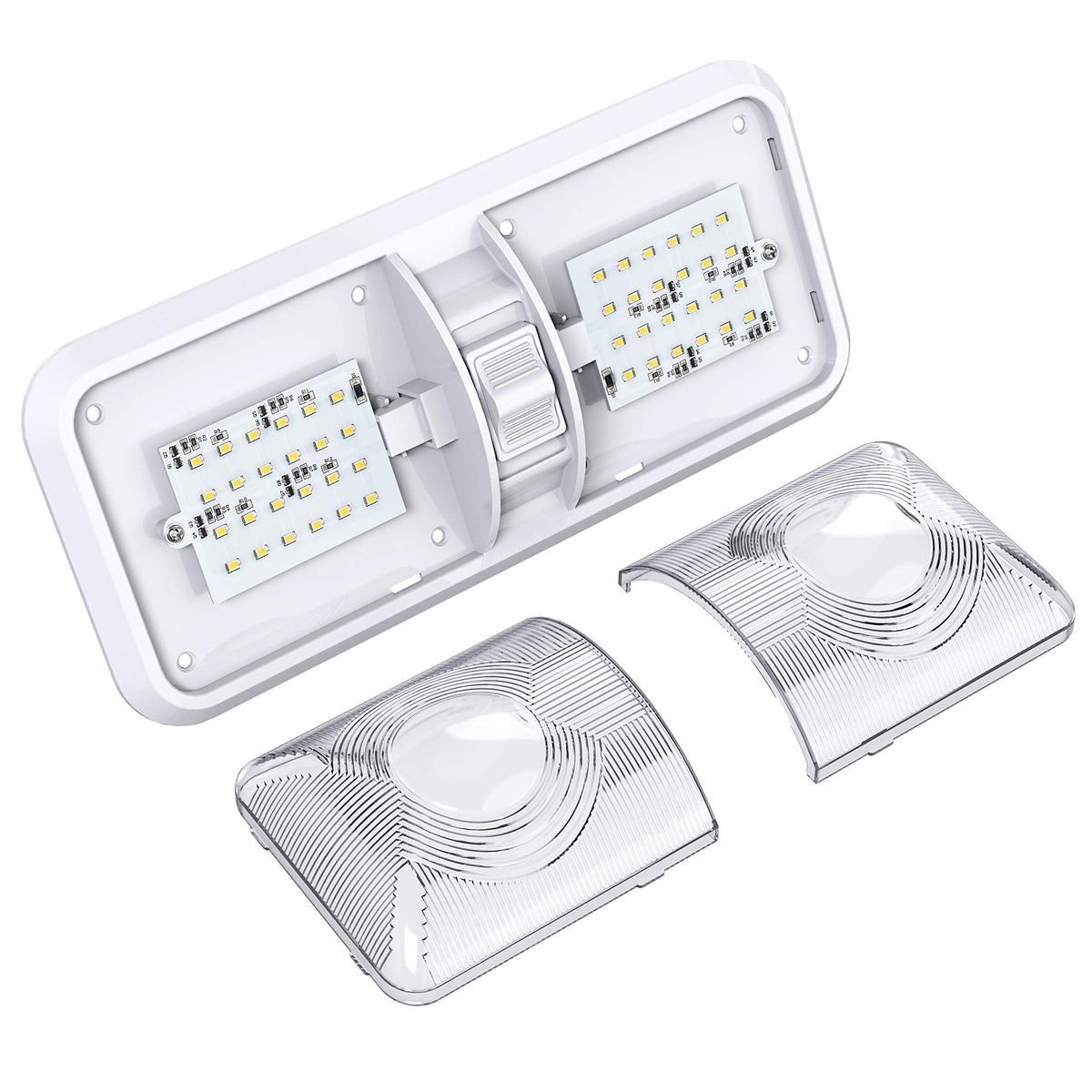 Leisure LED size comparison next to a hand showing compact, install-friendly scale