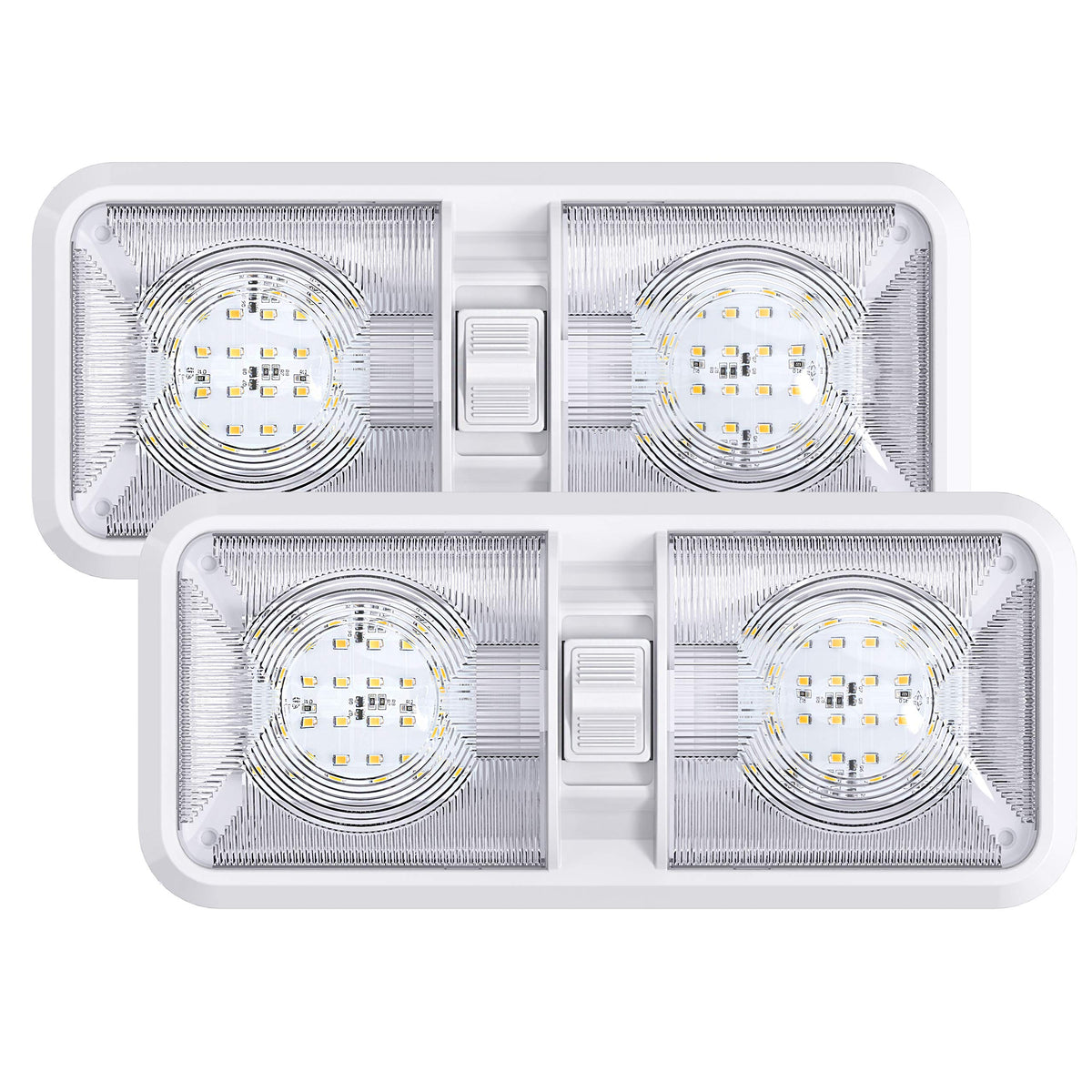 Leisure LED front view of double dome showing neutral white light and even illumination