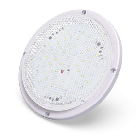 Leisure LED front view of round 8.5" porch light showing bright lens and mount for clear lighting