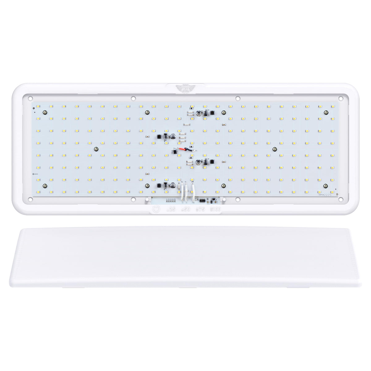 Leisure LED four-pack box with fixtures and mounting components arranged to show everything included
