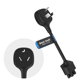 Leisure Stay adapter front view showing plug and Tesla fit, ensures reliable connection