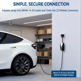 Leisure Stay adapter connected to Tesla Mobile Connector demonstrating easy charging benefit