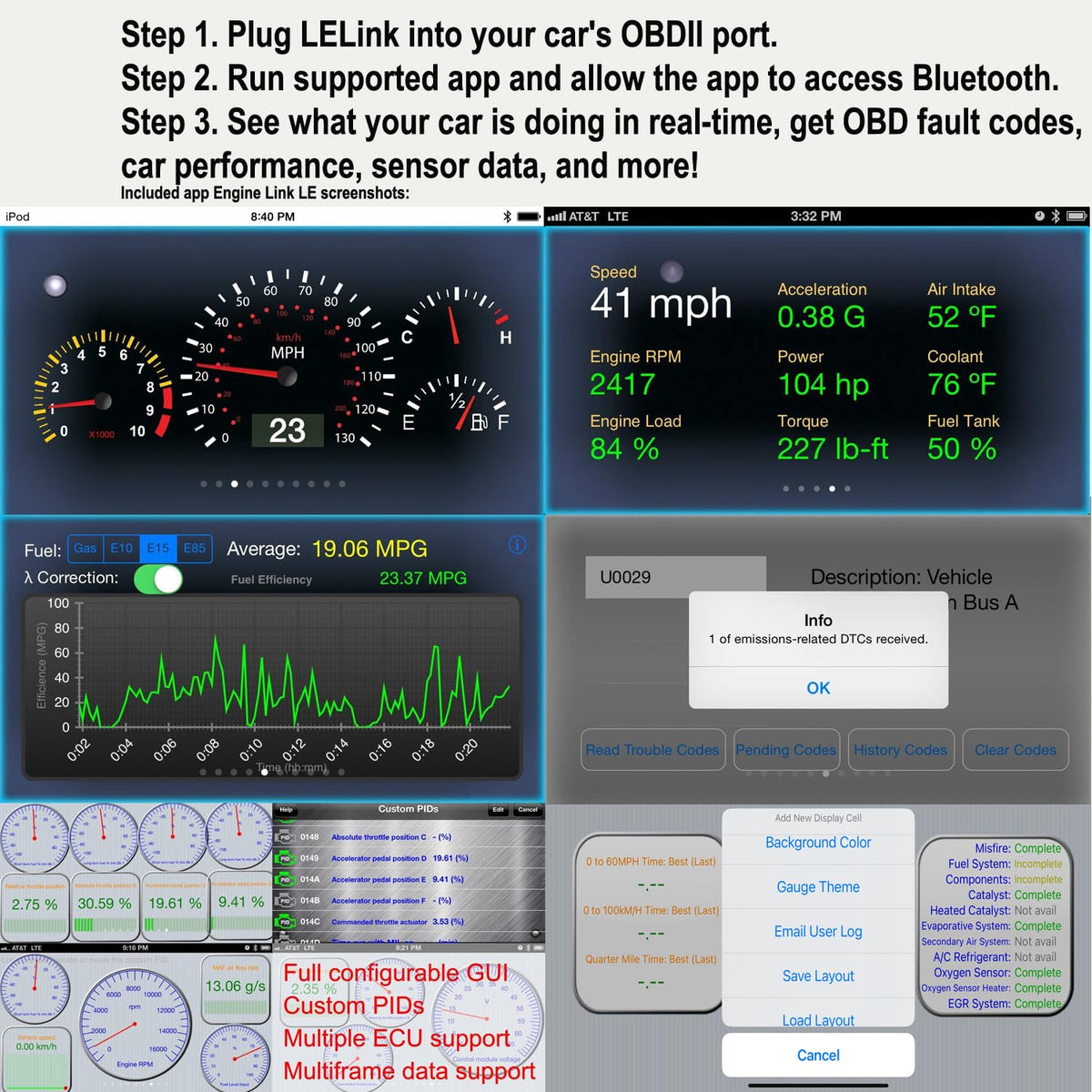 LELink plugged into vehicle OBD port illustrating easy installation and instant data access