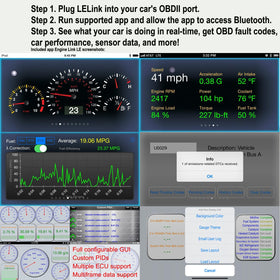 LELink plugged into vehicle OBD port illustrating easy installation and instant data access