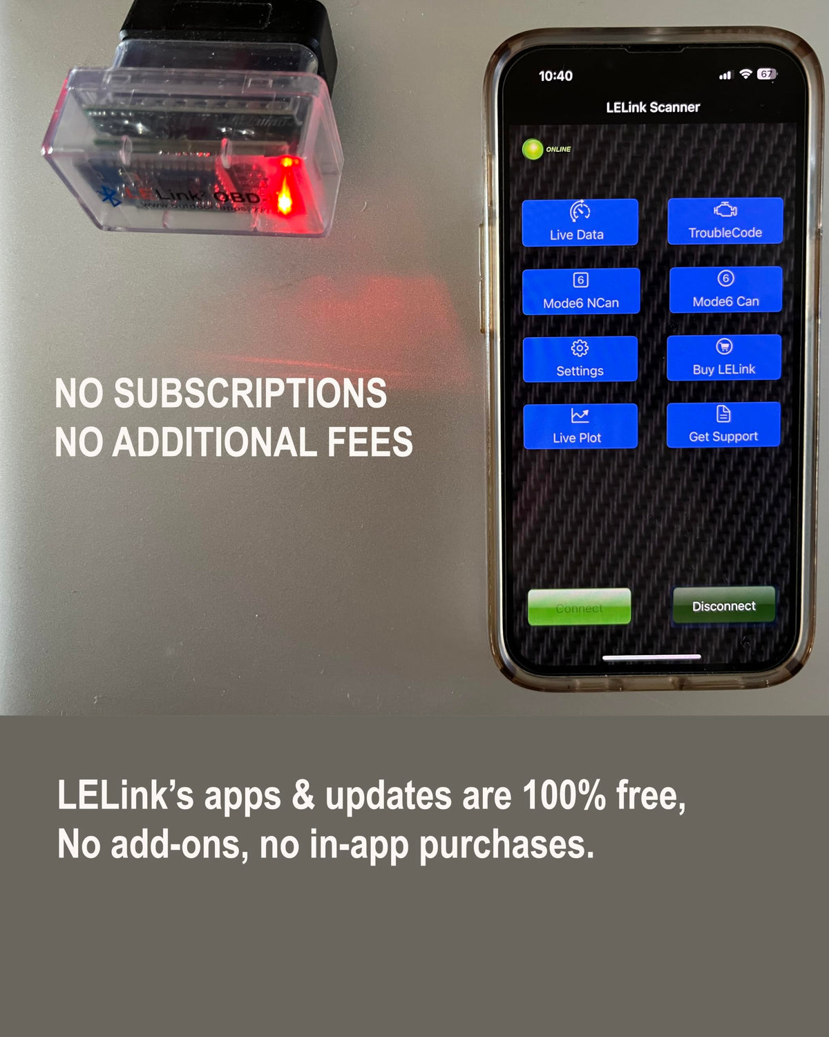 LELink paired with iPhone displaying app telemetry for live engine monitoring benefit