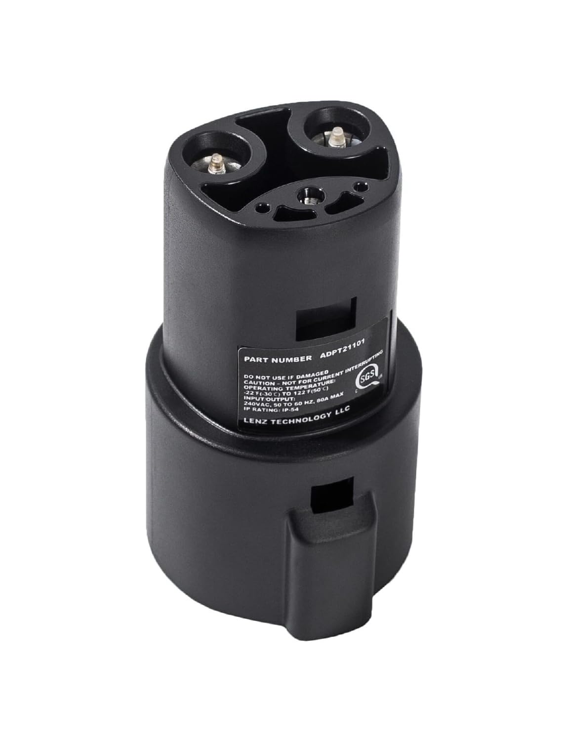 LENZ front view of adapter showing NACS plug and J1772 inlet benefit convenience