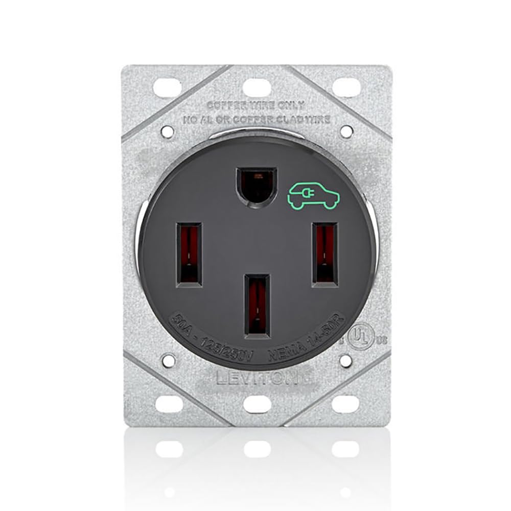 Leviton 1450R front view showing black heavy-duty receptacle and clear grounding benefit