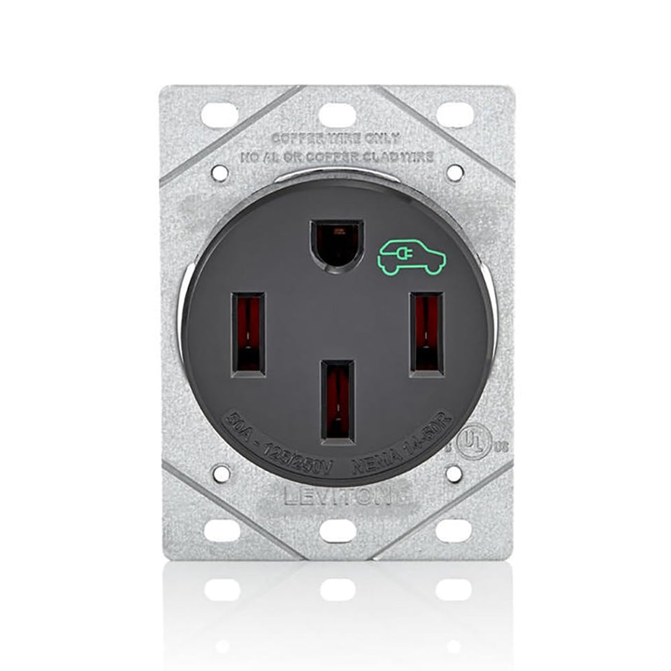 Leviton 1450R front view showing black heavy-duty receptacle and clear grounding benefit