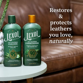 Lexol cleaner bottle close-up highlighting Aloe formula for gentle cleansing