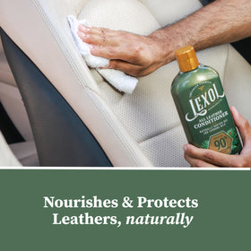 Lexol pouring conditioner from bottle to cloth demonstrating easy application