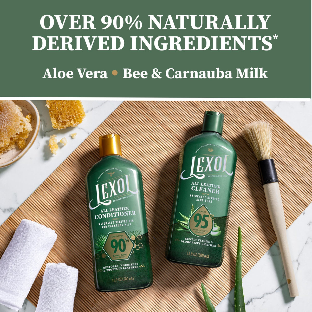 Lexol conditioner bottle detail showing Bee and Carnauba Milk for nourishment