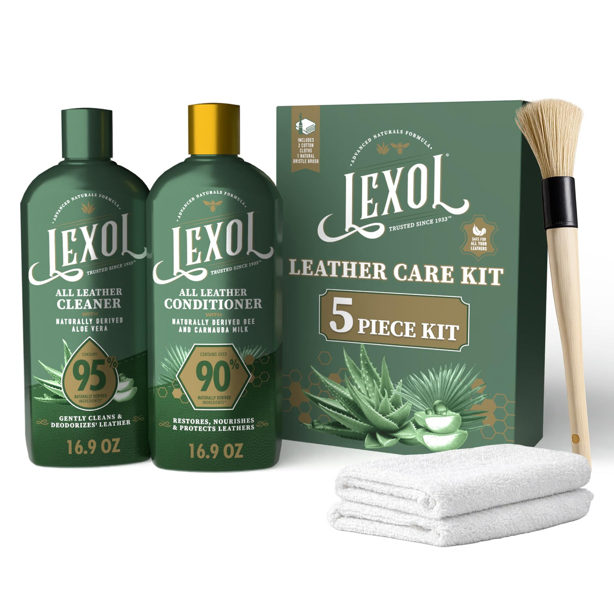 Lexol front packaging showing complete five-piece kit and eco-friendly benefit