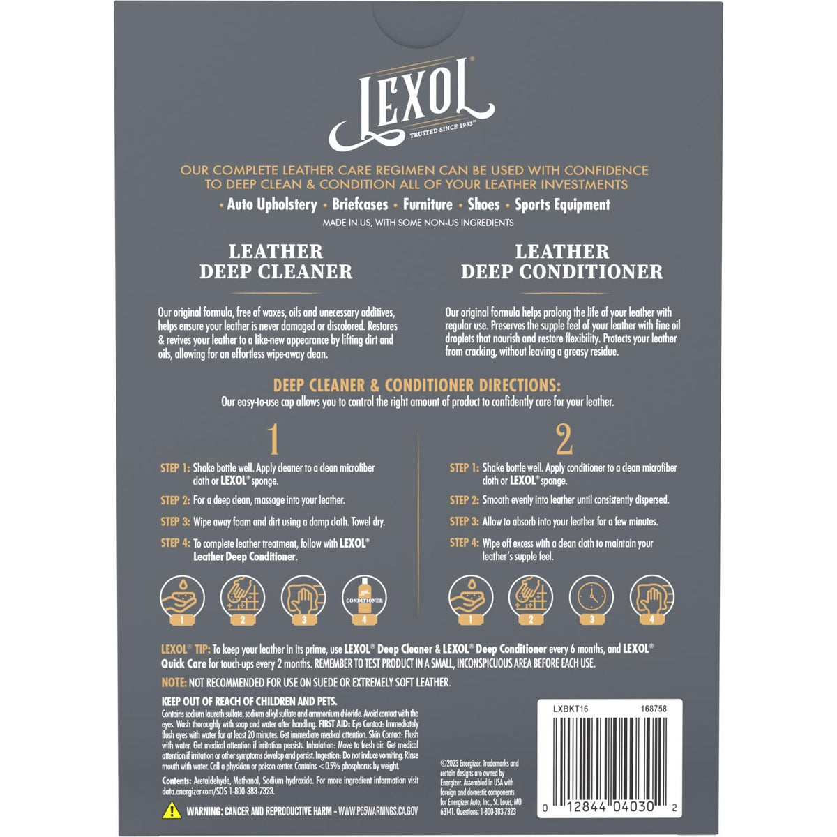 Lexol 16 oz bottle next to a hand for size comparison and usage context