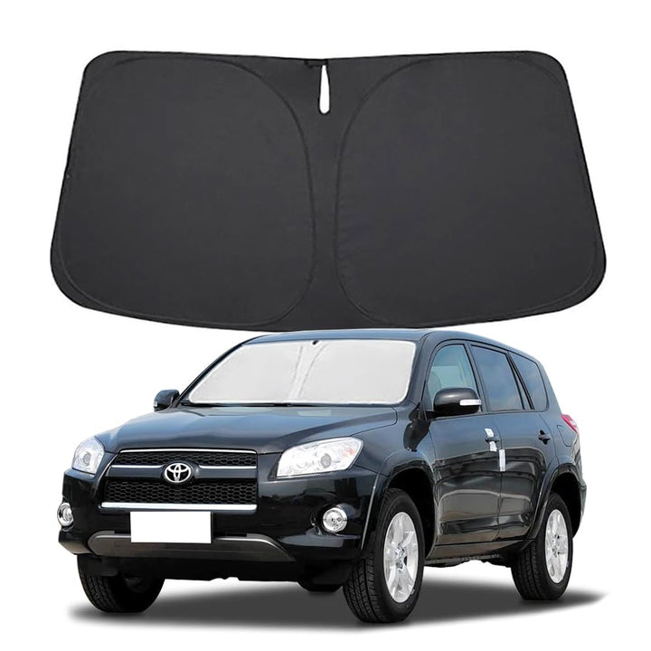 Lezcoan front view of custom-fit RAV4 sun shade protecting windshield