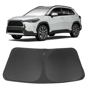 LHFLIVE front view of sun shade packaging showing perfect Corolla Cross fit and protection