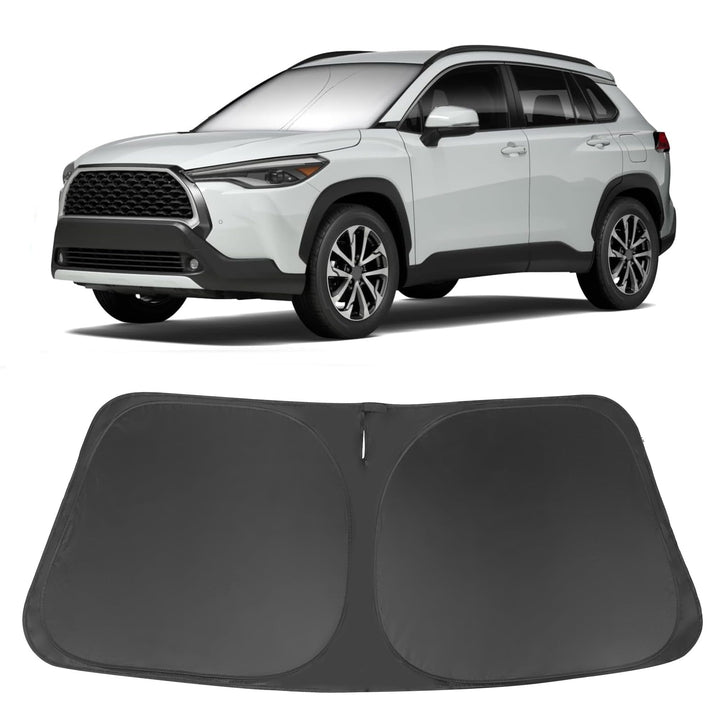 LHFLIVE front view of sun shade packaging showing perfect Corolla Cross fit and protection