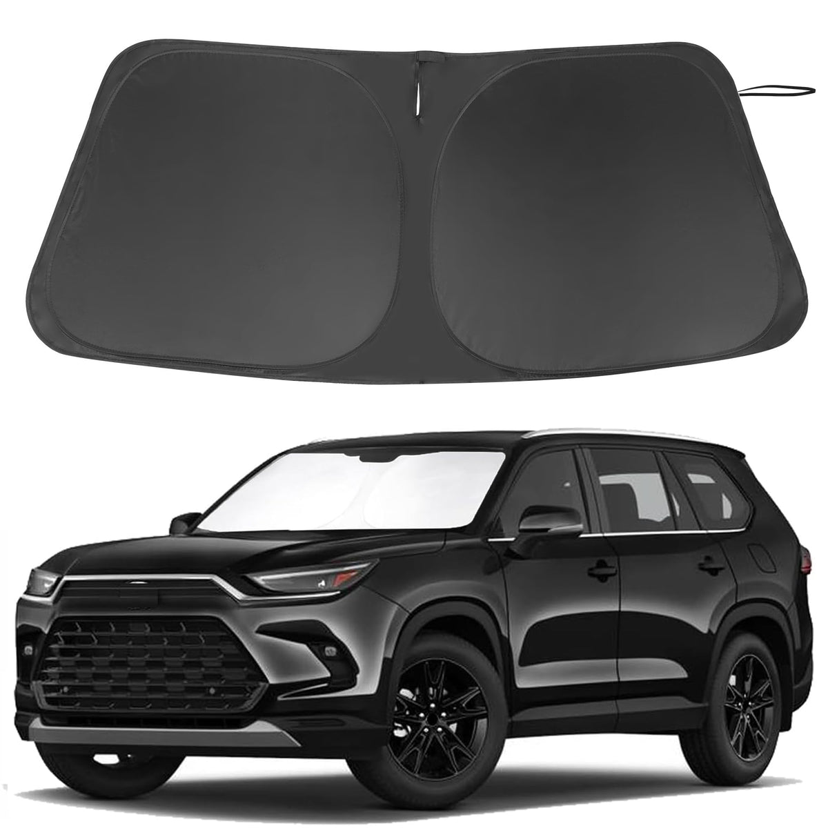 LHFLIVE front view of sun shade showing exact Grand Highlander fit and windshield coverage