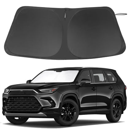 LHFLIVE front view of sun shade showing exact Grand Highlander fit and windshield coverage