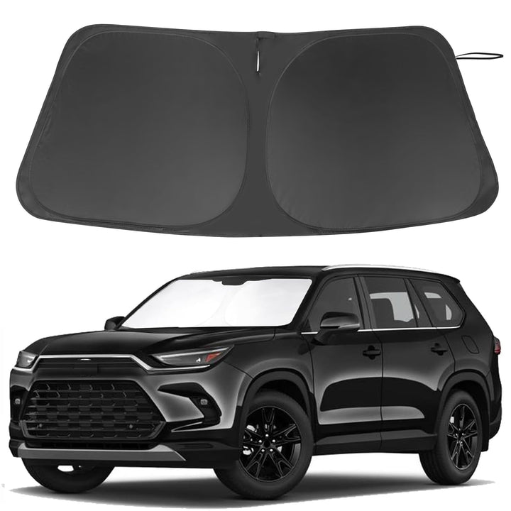 LHFLIVE front view of sun shade showing exact Grand Highlander fit and windshield coverage