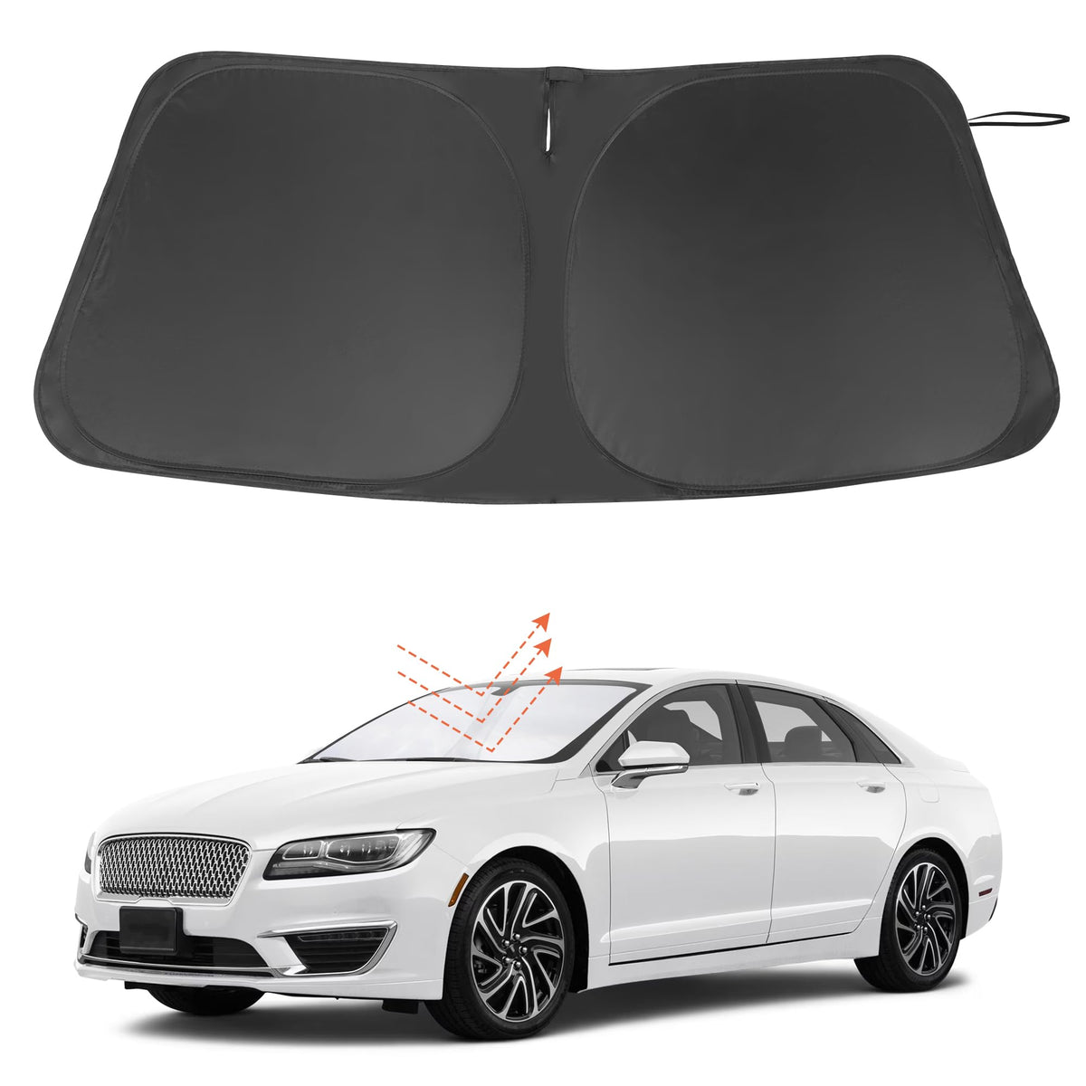 LHFLIVE front view of sun shade packaging showing fit for Lincoln MKZ