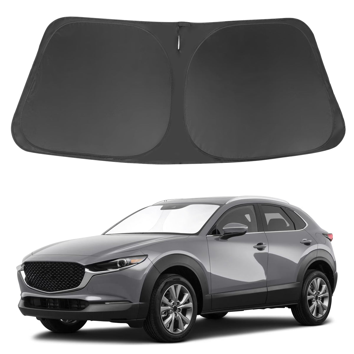 LHFLIVE front view of shade packaging showing custom-fit for Mazda CX-30