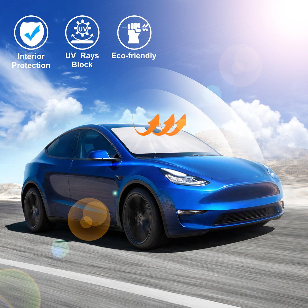 LHFLIVE lifestyle shot of parked Tesla with shade protecting cabin