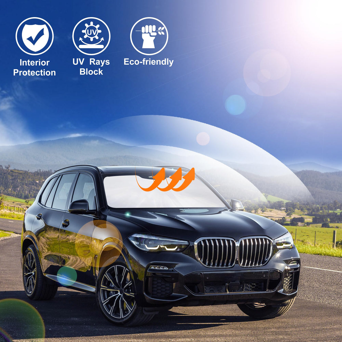 LHFLIVE sun shade in parked BMW X5 under sun showing cooler cabin and preserved leather